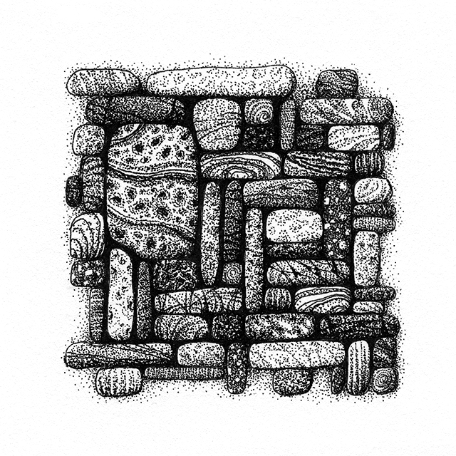 Yelena Shabrova ~ Gathering IV ~ pen and ink on drawing paper, 4" x 4"