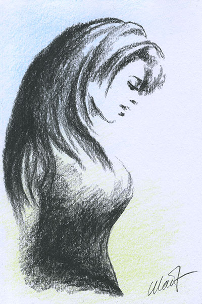 Yelena Shabrova ~ A sketch a day: really quick portrait ~ charcoal and colored pencil on drawing paper, 4" x 6"