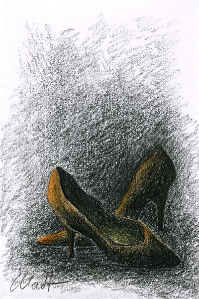 Yelena Shabrova ~ A sketch a day: shoes ~ colored pencils, China marker, 4″ x 6″