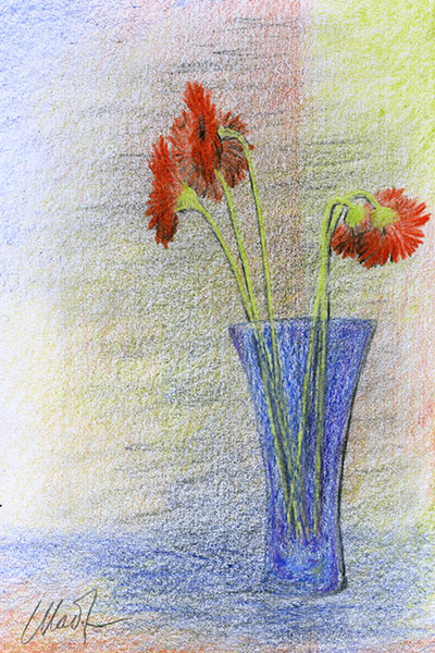 Yelena Shabrova ~ A sketch a day: red flowers ~ colored pencil on drawing paper, 4" x 6"