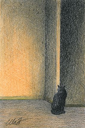 Yelena Shabrova ~ A sketch a day: cat by the wall ~ colored pencil & China marker, 4" x 6"