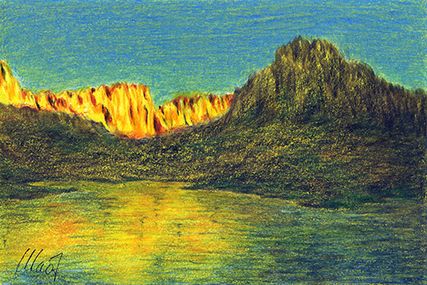 Yelena Shabrova ~ A sketch a day: sunset in the mountains ~ pastel pencil, China marker, 6" x 4"