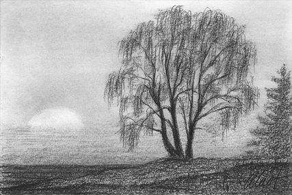 Yelena Shabrova ~ A sketch a day: sunset in black and white ~ charcoal on drawing paper, 6″ x 4″