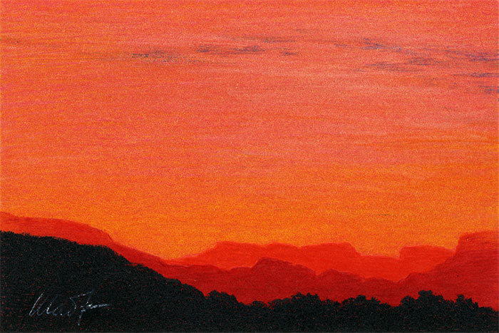Yelena Shabrova ~ A sketch a day: sunset mountains ~ colored pencils on colored paper, 6" x 4"