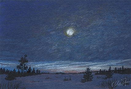 Yelena Shabrova ~ a sketch a day ~ night winter landscape in colored pencil and pastel pencil, 6″ x 4