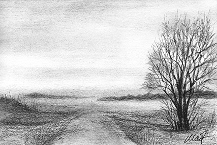 Yelena Shabrova ~ A sketch a day: landscape with a road ~ charcoal, 6" x 4"