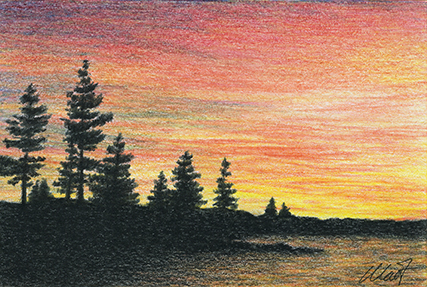 Yelena Shabrova ~ A sketch a day: sunset ~ colored pencil, pastel pencil, 6" x 4"
