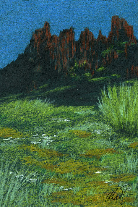 Yelena Shabrova ~ A sketch a day: desert mountains ~ pastel pencil on colored paper, 4" x 6"