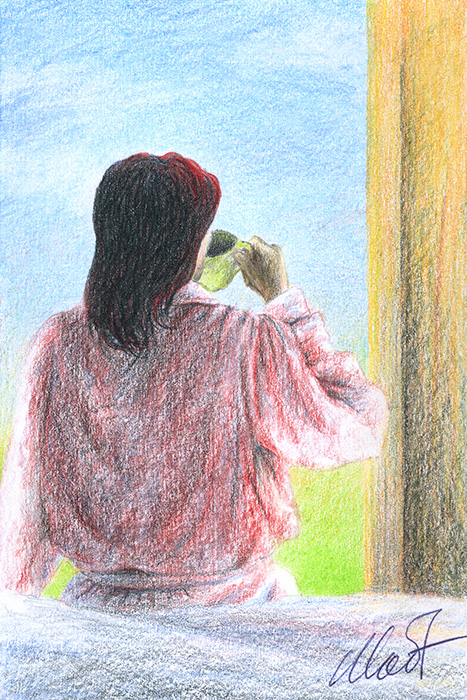 Yelena Shabrova ~ A sketch a day: morning coffee ~ colored pencil, 4" x 6"