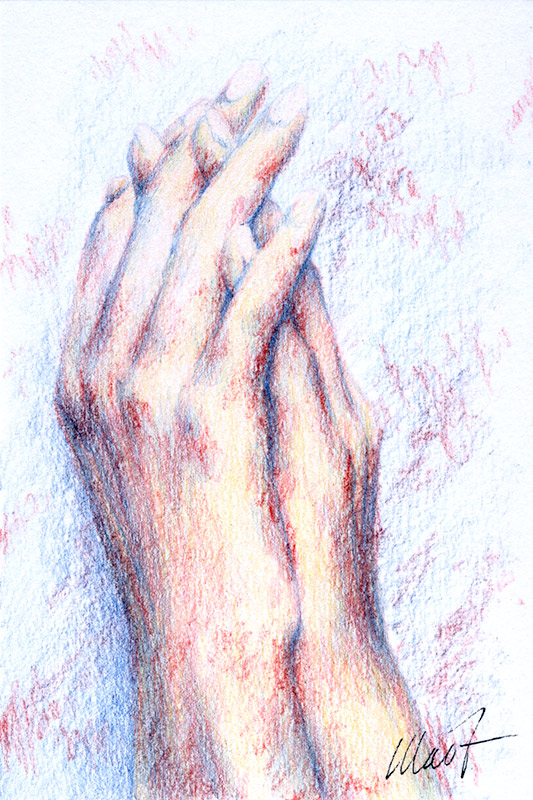 Yelena Shabrova ~ Sketch: hands ~ colored pencil, 4 x 6"