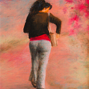 A woman walking while looking into her purse, painted from the back, against an abstract background that resembles a path