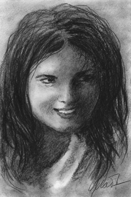 With a Light Heart - charcoal on drawing paper, 4" x 6"