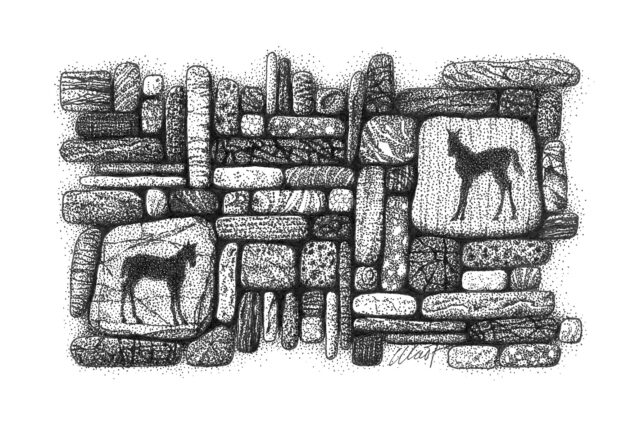 Pen and ink drawing of an abstract composition made of square and rectangular stones with different patterns. Two bigger stones have dark silhouettes of foals standing, one facing right and another facing left.
