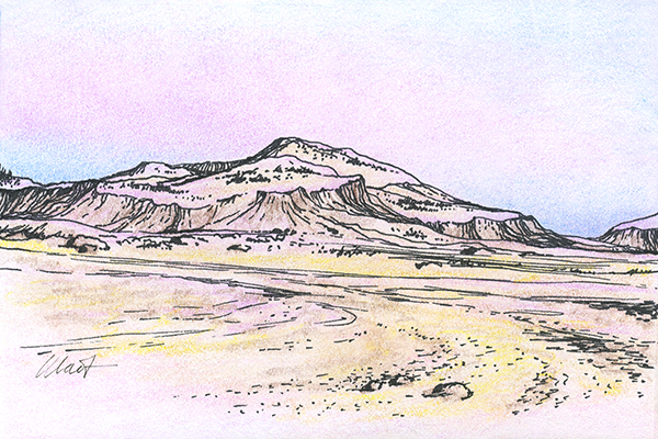 Yelena Shabrova ~ A sketch a day: desert mountains ~ pen and ink, colored pencil on Canson drawing paper, 6" x 4"