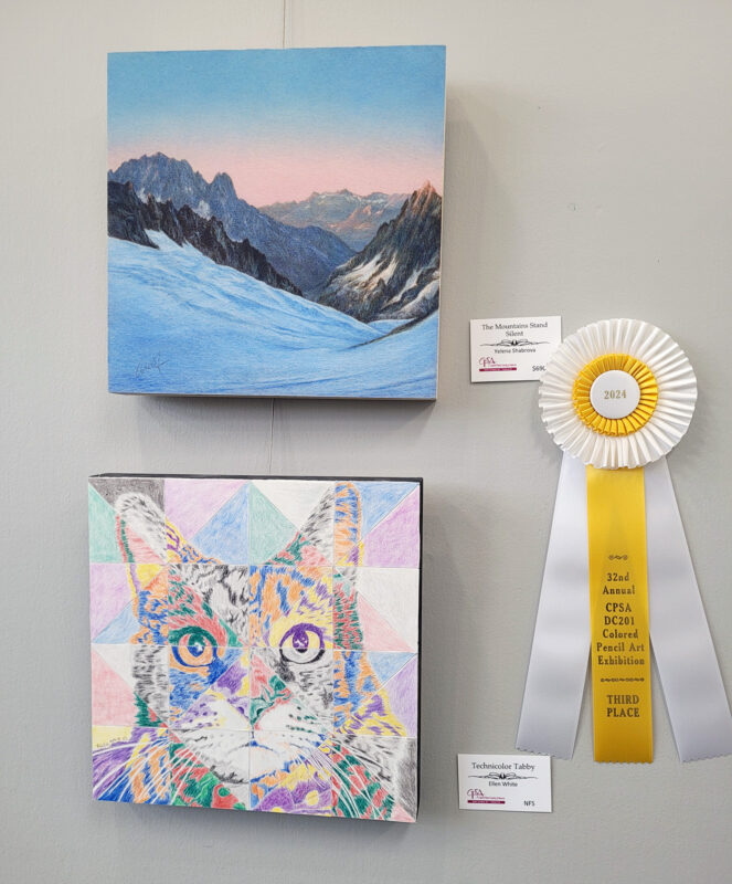 Two square colored pencil drawings on the wall with a 3rd place ribbon to the right from the top drawing