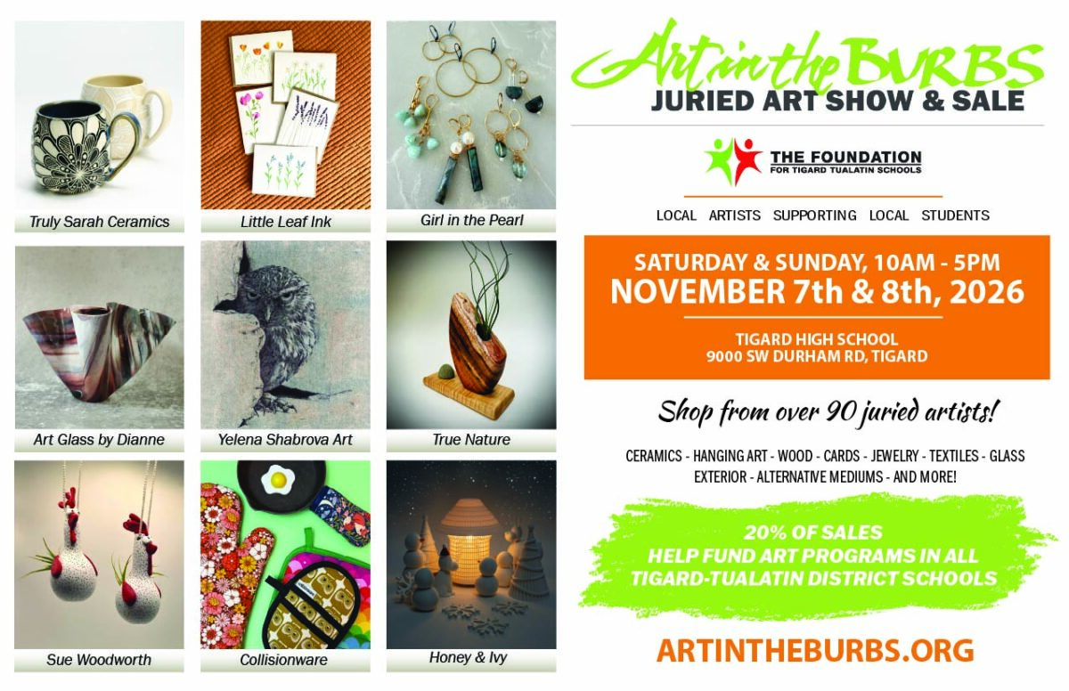 9 thumbnail images of artwork on the left, details for the art show on the right
