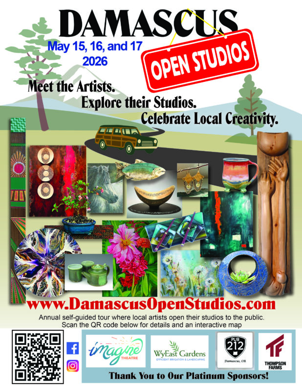 colorful posted for the Damascus Open Studios tour with a collage of various artworks, dates and times of the event