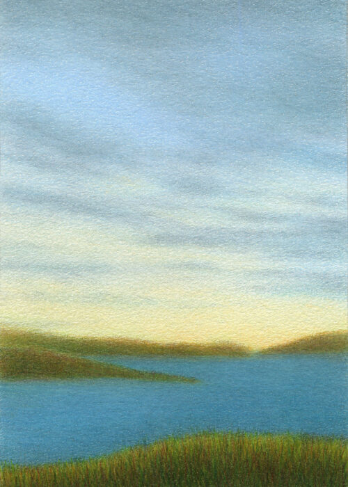 Colored pencil drawing of evening skies with patchy clouds in delicate blue and yellow colors over  green grass and deep blue body of water