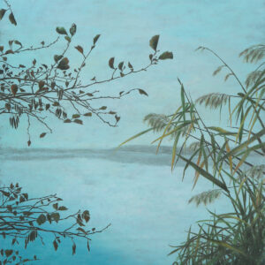 A quiet, atmospheric waterside scene rendered in soft, muted blue and green tones. A pale turquoise-blue sky and water blend almost seamlessly, creating a misty horizon line across the middle of the composition. On the left, dark tree branches with small leaves and seed pods extend inward. On the right, tall reeds and grasses rise from the water’s edge.
