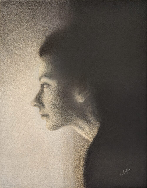 Softly lit profile of a woman leaning forward into the light. The woman faces left, emerging from deep shadow on the right side. Charcoal drawing on textured watercolor paper by Yelena Shabrova.