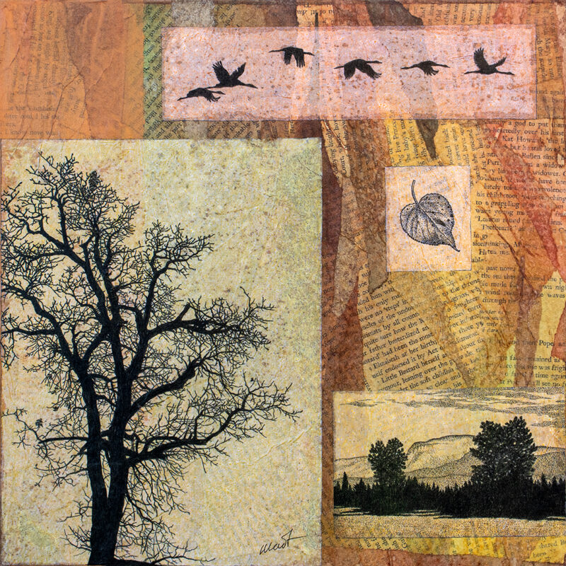 Mixed media artwork, tinted pieces of tracing paper with pen an black ink drawings of flying birds, a bare tree, and a landscape placed on a paper collage made with old book pages and torn tissue paper of warm earthy and green colors
