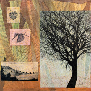 Mixed media artwork, tinted pieces of tracing paper with pen an black ink drawings of leaves, bare a tree, and mountains placed on a paper collage made with old book pages and torn tissue paper of warm earthy and green colors