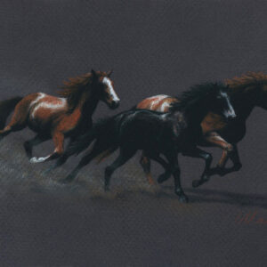 Pastel pencil drawing of three horses galloping to the right against a warm gray background