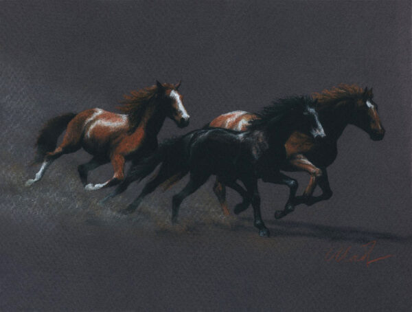Pastel pencil drawing of three horses galloping to the right against a warm gray background