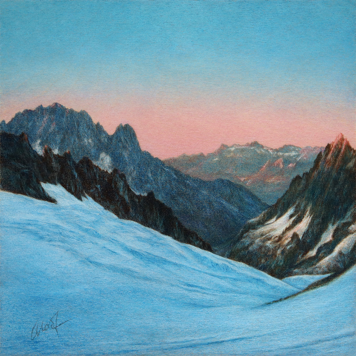 Wintery mountain scene. Mountain slopes on the foreground are covered with deep snow, barren mountains have some snow on them too, but not much. Mountain ridges recede into pink skies with no clouds.