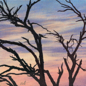 Drawing of a bare tree silhouette against sunset skies with light clouds and pastel colors