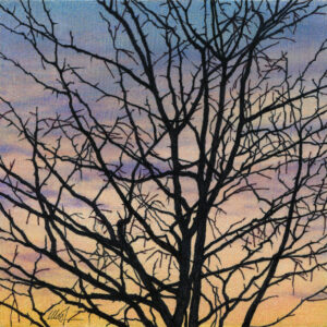 Drawing of a bare tree silhouette against sunset skies with light clouds and pastel colors