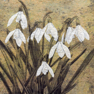 photo of the original artwork, Blossoms 1, mixed media (pen and ink on tissue paper collage) on primed MDF board, 6" x 6", by Yelena Shabrova