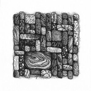 Yelena Shabrova ~ Gathering V ~ pen and ink on drawing paper, 4" x 4"