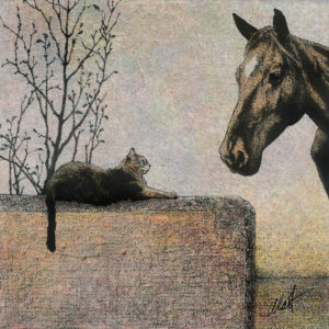 On the right, the head and neck of a horse, angled slightly downward. On the left, a cat lies on top a large, rectangular concrete block, its body relaxed, tail hanging over the edge. The cat and the horse face each other. Behind the cat, a small leafless tree stands, partially obscured by concrete.